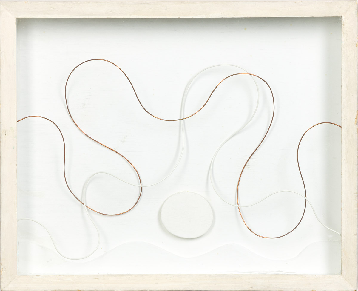 PAULE VÉZELAY (1892-1984) Lines in Space No. 42 (One White Plastic and One Copper Line in Space on White).
